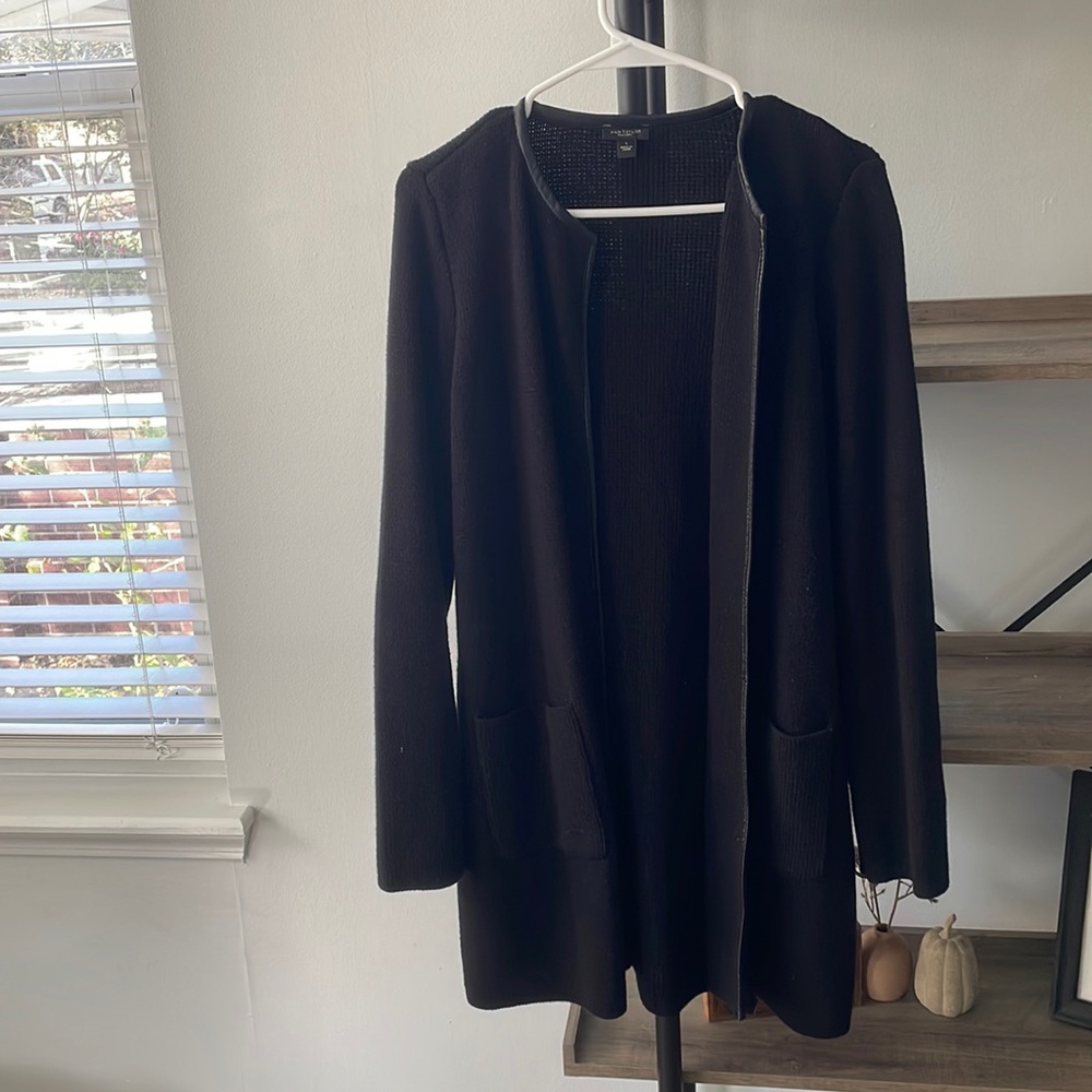 EUC Ann Taylor, Long Cardigan, Faux Leather binding. Size Small